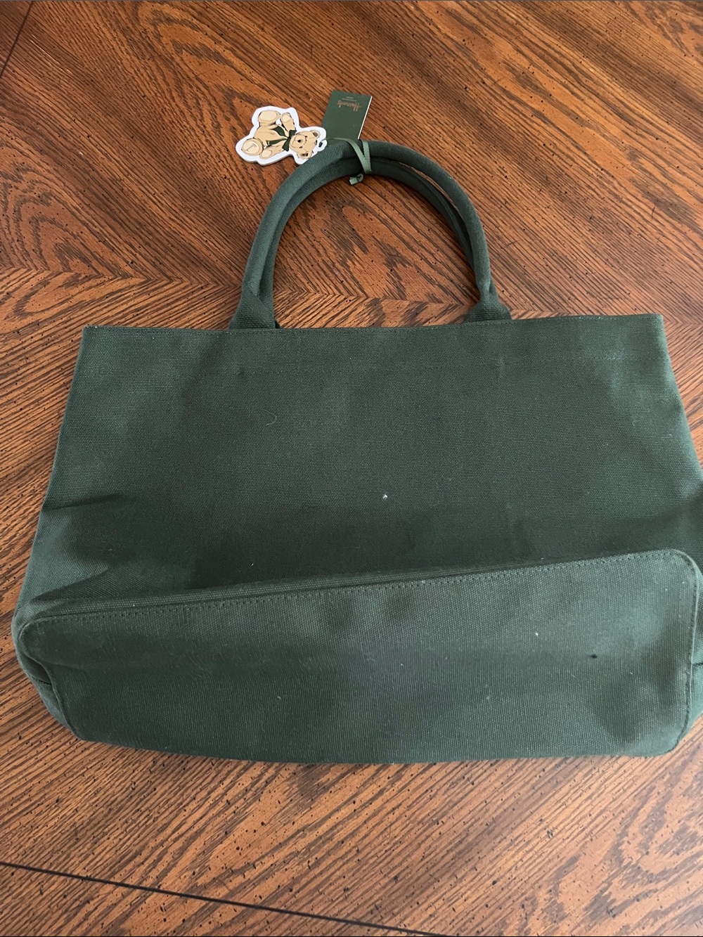 Harrods Green Canvas Tote with Teddy Bear Print - Picture 4 of 13